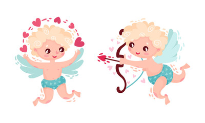 Curly-haired Cherub Character as Saint Valentine Day Symbol Vector Set