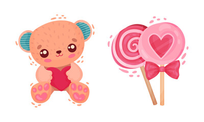 Teddy Bear Holding Heart and Sweet Candy on Stick as Saint Valentine Day Symbol Vector Set