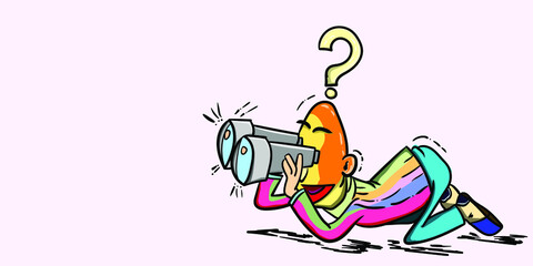 Looking with binoculars, full of question marks. Analyze what will happen. The picture is suitable to be used as an illustration of financial planning, buying property in the future or others