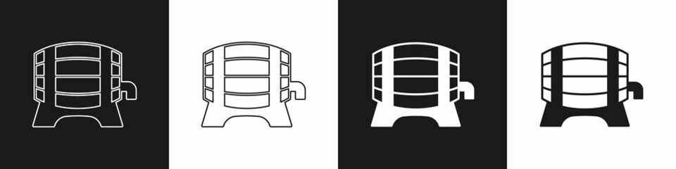 Set Wooden barrel on rack with stopcock icon isolated on black and white background. Vector