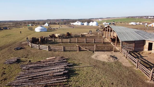 Sergiev Posad, Russia - 30 October 2021: Camel farm ethnopark "Nomad" from a bird's eye view