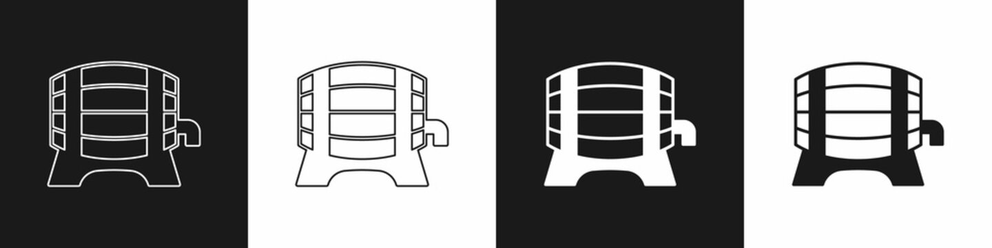 Set Wooden barrel on rack with stopcock icon isolated on black and white background. Vector