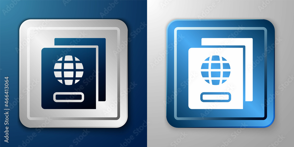 Poster white passport with biometric data icon isolated on blue and grey background. identification documen