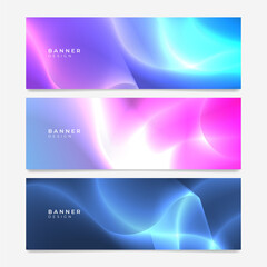 Colorful web banner with wave and geometric shapes. Collection of horizontal promotion banners with gradient colors and abstract geometric backdrop. Header design. Vibrant vivid color coupon template.