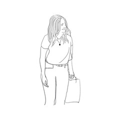 shopping woman line art. shopping woman sketch illustration