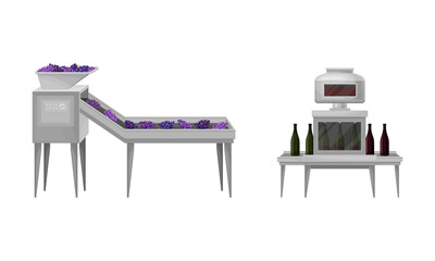 Grapes on Conveyor Belt and Bottling Process Vector Set