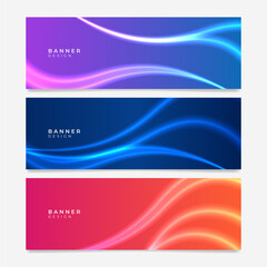 Colorful web banner with wave and geometric shapes. Collection of horizontal promotion banners with gradient colors and abstract geometric backdrop. Header design. Vibrant vivid color coupon template.