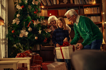 Obraz na płótnie Canvas Grandparents, little boy and Christmas presents