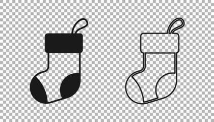 Black Christmas stocking icon isolated on transparent background. Merry Christmas and Happy New Year. Vector