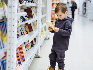 cute toddler boy in casual clothes in market choosing kids books