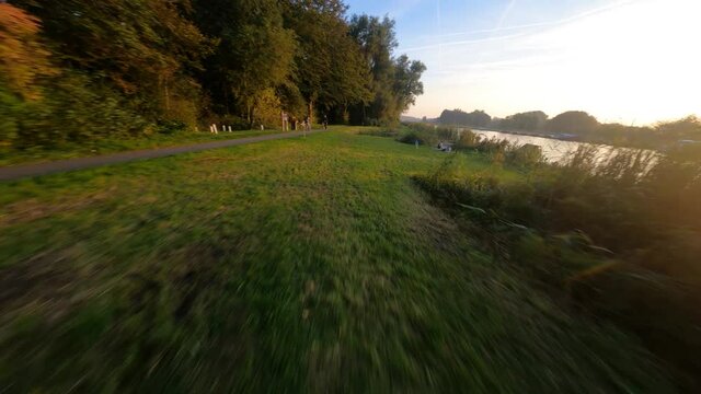 Amstel river along the Amsterdamse bos Fpv aerial drone low fly over, The Netherlands