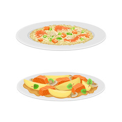 Rice with Seafood and Potato with Salmon as Spanish Cuisine Dish Vector Set