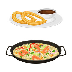 Rice with Shrimp and Herbs in Pan and Churros Pastry with Chocolate as Spanish Cuisine Dish Vector Set
