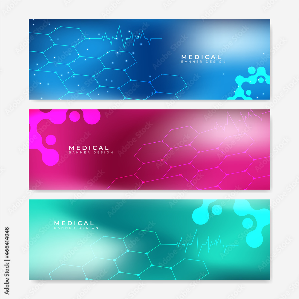 Poster Abstract medical background with hexagonal structure shapes. Technology technical network banner background. Abstract vector background. Science, medicine and innovation technology concept.