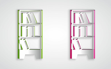 Paper cut Library bookshelf icon isolated on grey background. Paper art style. Vector