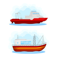 Water Transport with Yacht with Red Cabin and Sail Boat Vector Set