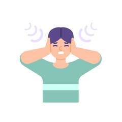 a man covers his ears with his hands to avoid disturbance of sound. illustration of the expression of a person who feels uncomfortable or disturbed. flat cartoon style. vector design elements