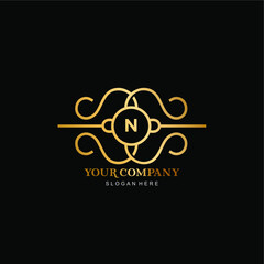 letter N vector logo and gold frame. simple and elegant gold frame line art with letter N .premium letter N vector template