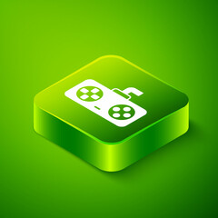 Isometric Game controller or joystick for game console icon isolated on green background. Green square button. Vector