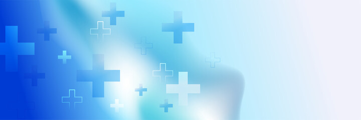 Abstract modern blue banner background design with health icons and symbols. Template design with concept and idea for healthcare technology, innovation medicine, health, science and research.