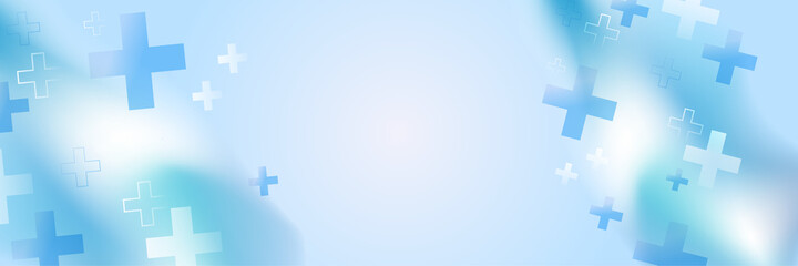 Abstract modern blue banner background design with health icons and symbols. Template design with concept and idea for healthcare technology, innovation medicine, health, science and research.