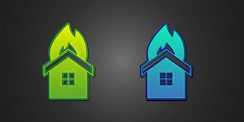 Green and blue Fire in burning house icon isolated on black background. Insurance concept. Security, safety, protection, protect concept. Vector
