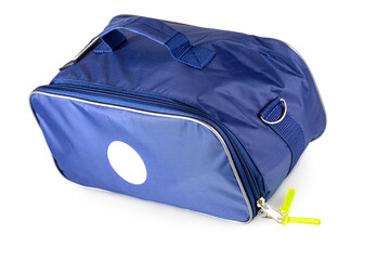 blue medical bag with red cross isolated on white