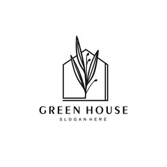 house and leaf logo. simple elegant house line art and leaves. suitable for greening-themed residential businesses, plant houses, plant sellers and others