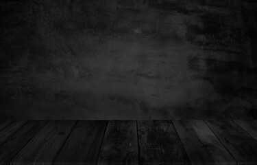 Empty wooden table top on black dark concrete wall background, Design wood counter white. Perspective for show space for your copy and branding. Can be used as product display montage.