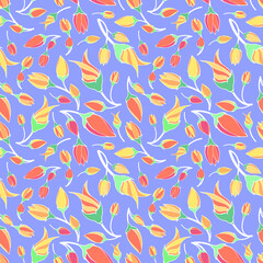 Hand drawn doodle tulip flower irregular seamless pattern. Red, orange, yellow floral motifs random repeat surface design. Endless texture on pastel blue background for textile, stationery, gift paper