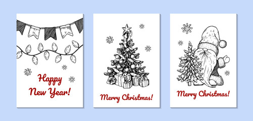 Set of hand drawn Christmas greeting cards with Santa Clause and Christmas tree. Vector illustration in sketch style
