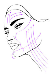 Beautiful abstract female face with massage lines for facelift with beauty injections in cosmetology or plastic surgery, vector illustration. Anti-aging therapy and care for women - obrazy, fototapety, plakaty