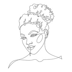 Abstract african american female portrait, continuous line style. Woman's beauty. Minimalist fashion design, quick sketch, vector illustration for t-shirt, prints, covers, posters, logo, tattoo