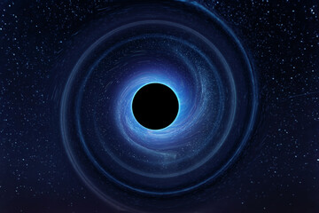 Black hole against the background of the Milky Way and stars, a supermassive singularity. Space, science, galactic nucleus, death of a star, glowing plasma. 3D illustration, 3D render.