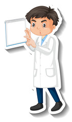 Scientist boy holding empty board cartoon character sticker