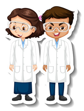 Cartoon character sticker with couple scientists in science gown