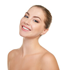 Obraz premium Young attractive woman posing at studio and happy smiling over white background. Beautiful girl with perfect smile.