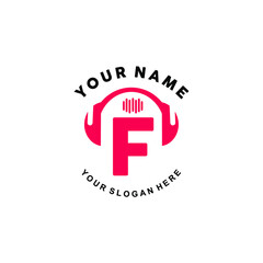 logo letter F music. vector illustration of letter F and headset icon with tone graphic. suitable for application logos, music studios, music industry and others
