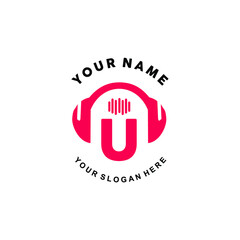 logo letter U music. vector illustration of letter U and headset icon with tone graphic. suitable for application logos, music studios, music industry and others