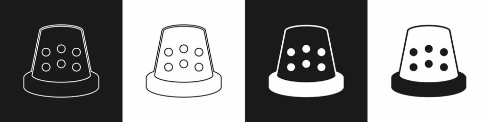 Set Thimble for sewing icon isolated on black and white background. Vector