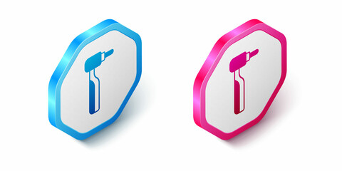 Isometric Tooth drill icon isolated on white background. Dental handpiece for drilling and grinding tools. Hexagon button. Vector