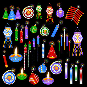 Illustration of burning oil lamp(diya) and beautiful decorative elements and fire crackers on Happy Diwali celebration.