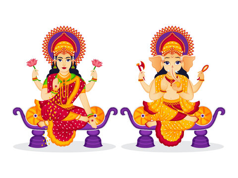 Illustration of Lord ganesha and goddess laxmi character design for Happy Diwali celebration other indian festivals.