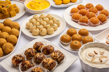 Group of Indian assorted sweets or mithai with diya