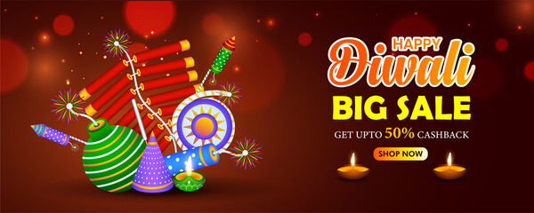 Happy Diwali big sale and great discount offer banner,poster or header design concept with fire crackers.