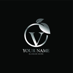 letter V logo and leaf circle. premium vector letter V with silver luxury color leaf. letter V metal model