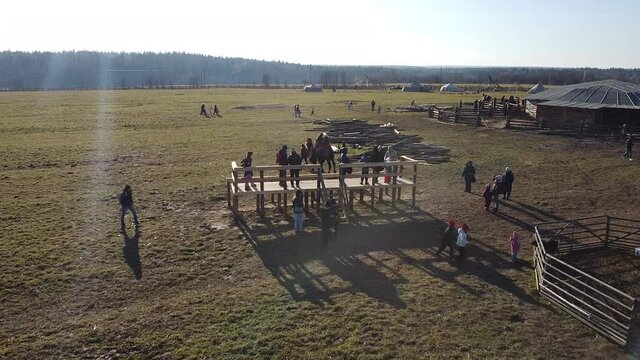 Sergiev Posad, Russia - 30 October 2021: Camel farm ethnopark "Nomad" from a bird's eye view