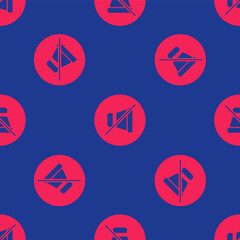 Red Mute microphone icon isolated seamless pattern on blue background. Microphone audio muted. Vector