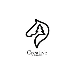 horse and fir tree logo. Abstract illustration of horse head and fir tree. Creative combination of wild horse identity