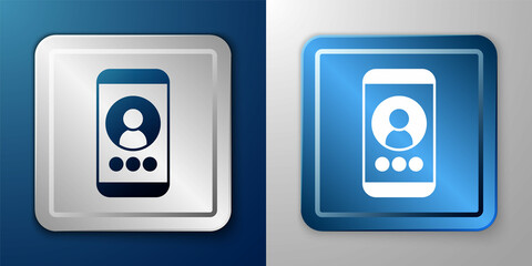 White Video chat conference icon isolated on blue and grey background. Online meeting work form home. Remote project management. Silver and blue square button. Vector